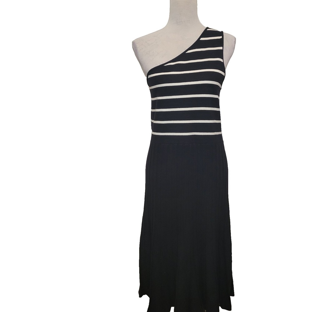 ZESICA Women's XL One Shoulder Striped Knit Maxi Dress Black White NWT
